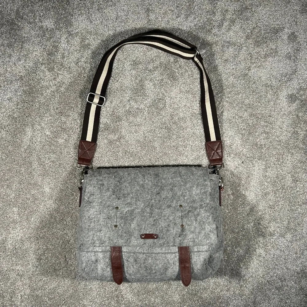 Rare Vintage Ducti Grey Wool Felt Messenger Bag Brown Leather Trim Striped Strap